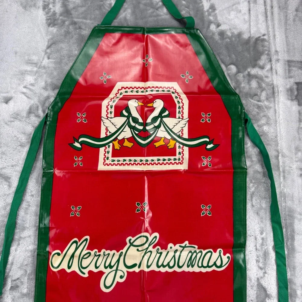 Vintage Merry Christmas Waterproof Vinyl Apron Geese Holiday Red Green Retro
